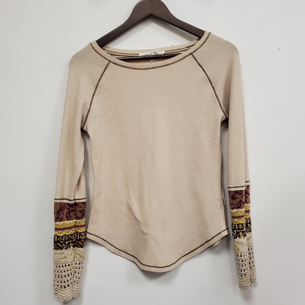 Chelsea & Theodore Boho Thermal Shirt Size XS Contrast Cuff Granola Hippie Tan - Picture 2 of 11